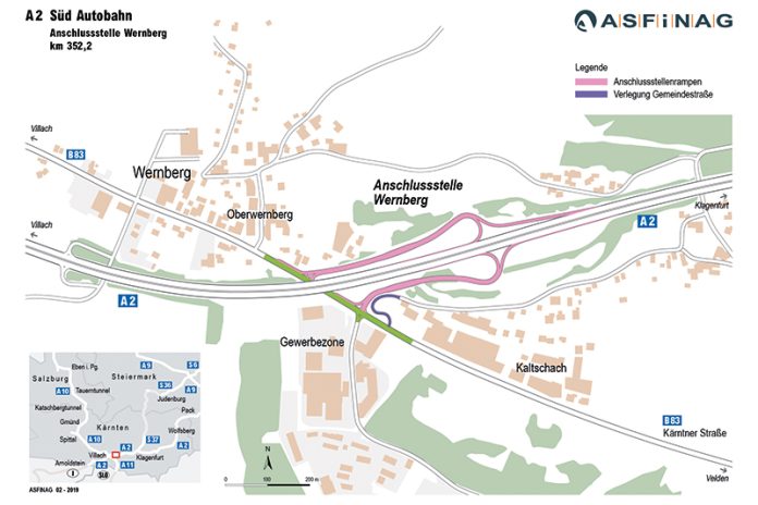 „Halbes Kleeblatt“: Nach jahrelangen Diskussionen strebt die Asfinag für 2024 die Realisierung des Autobahnvollanschlusses Wernbergs an.Plandarstellung: Asfinag