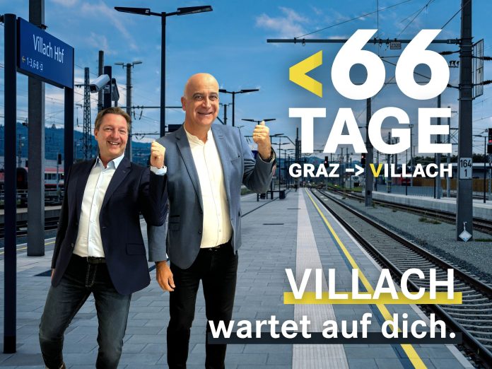 Kampagne zur Koralmbahn: Stadt Villach und Tourismus-Region machen auf Villach aufmerksam. Am Bild Bürgermeister Günther Albel und Regions-Geschäftsführer Georg Overs. Foto: Stadt Villach